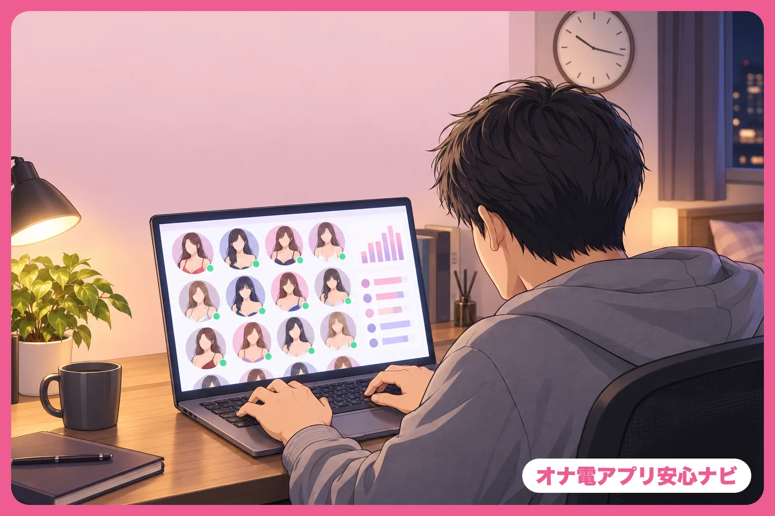 ノートパソコンで待機女性の一覧を見る男性