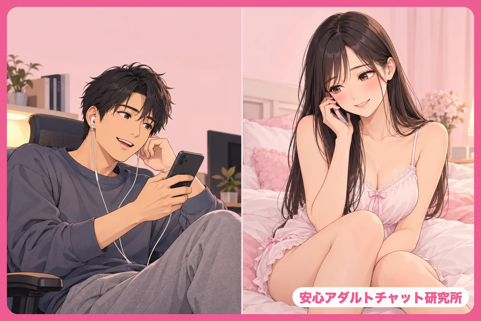 通話でつながる男性と清楚な女性のイラスト
