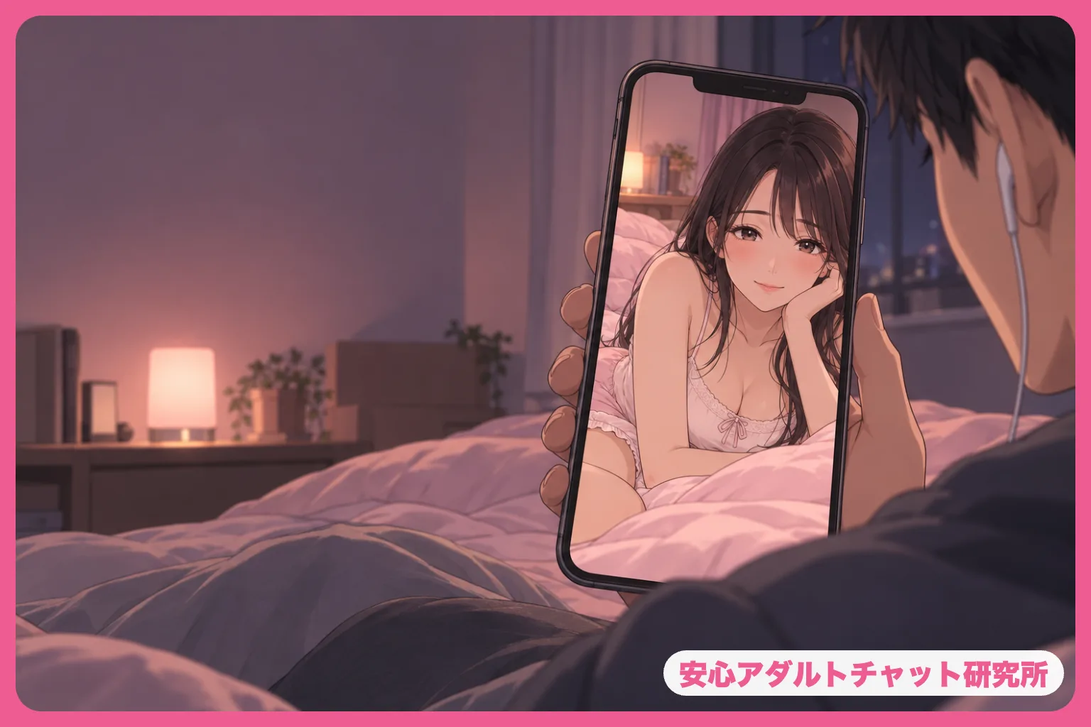 深夜にスマホ画面の女性を見つめる男性のイラスト
