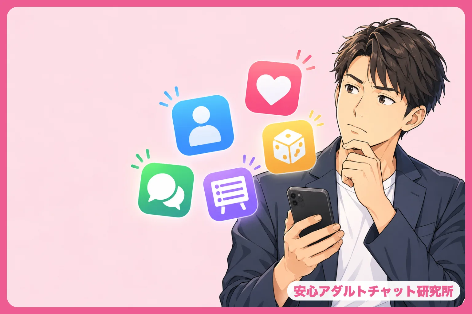探し方のアイコンを見比べる男性のイラスト
