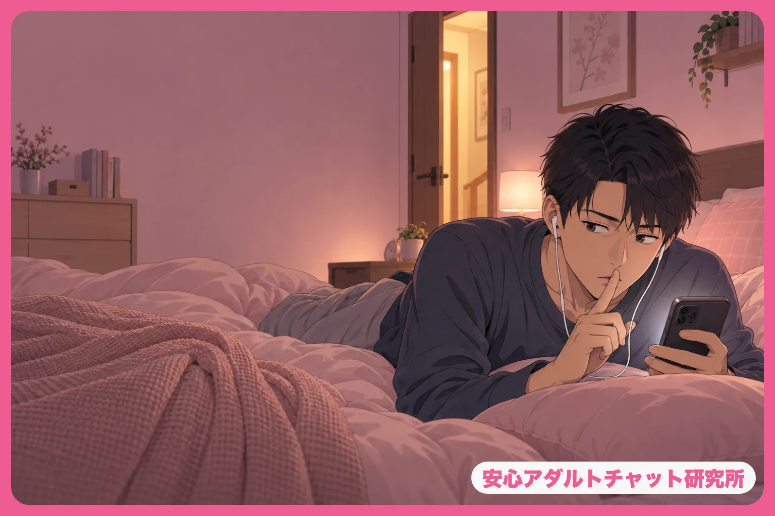 家族に気づかれないよう静かにチャットする男性のイラスト