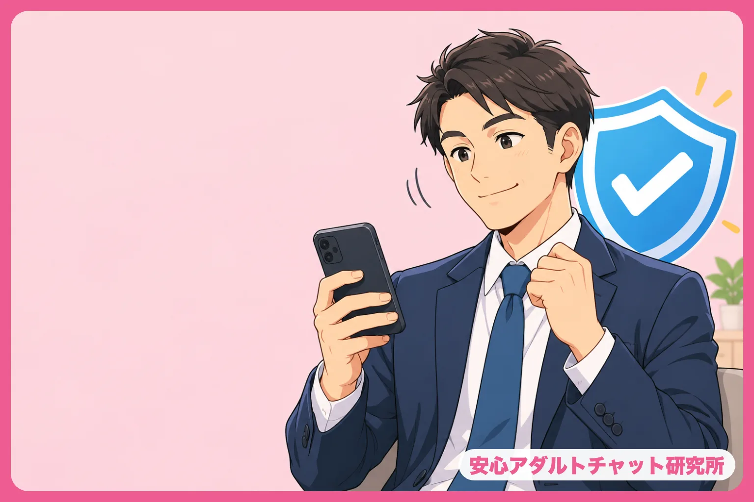 盾のアイコンと安心した表情の男性のイラスト