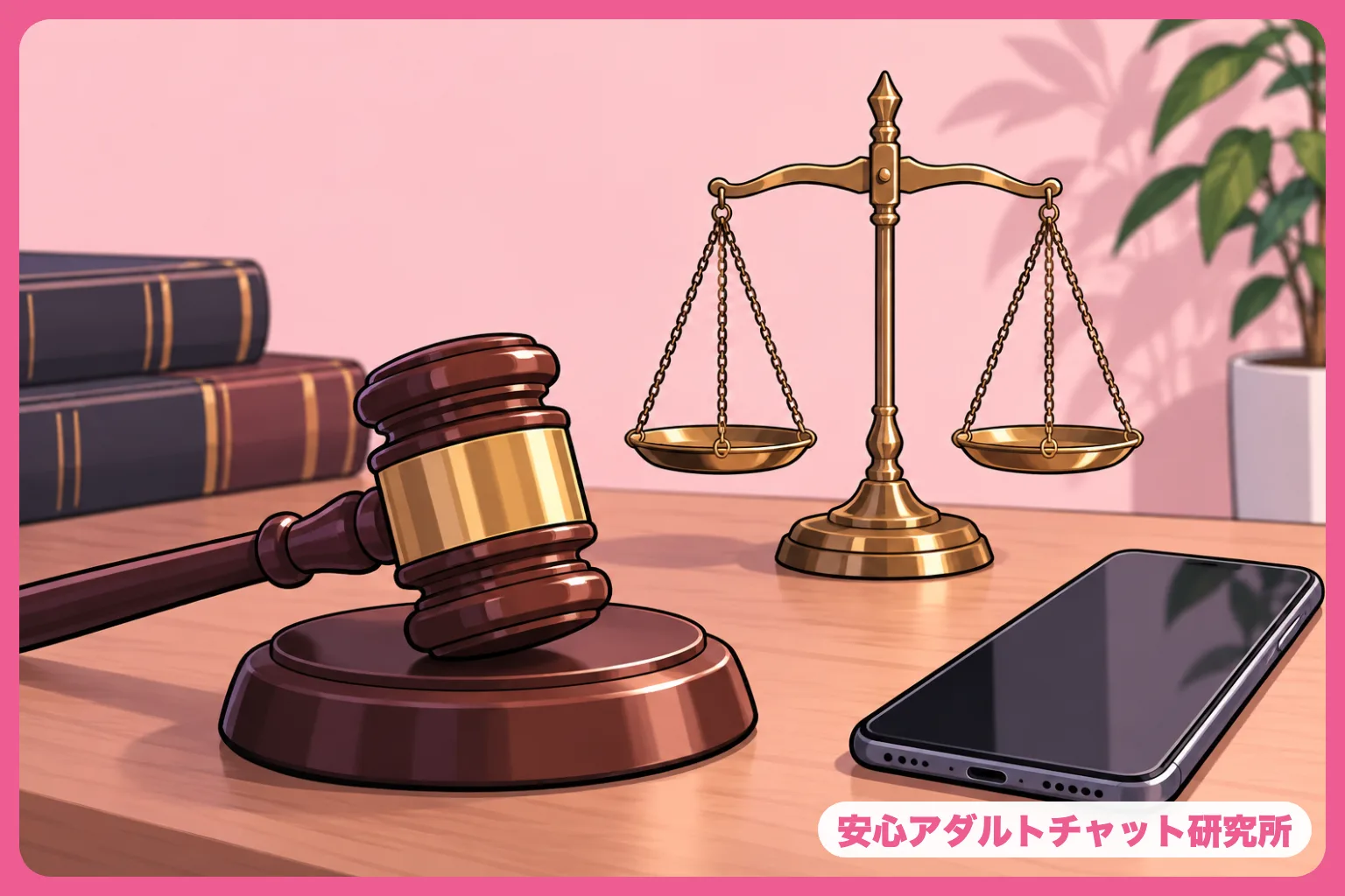 裁判用ガベルと天秤とスマホのイラスト