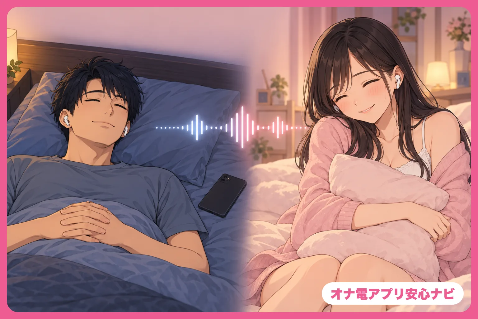 イヤホンで声だけの通話を楽しむ男性と女性