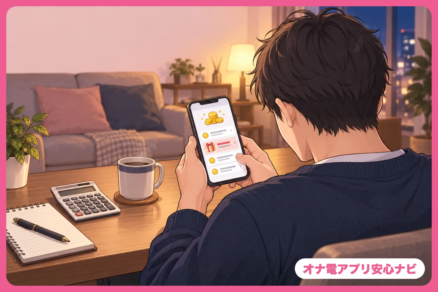 スマホで料金と無料ポイントを確かめる男性