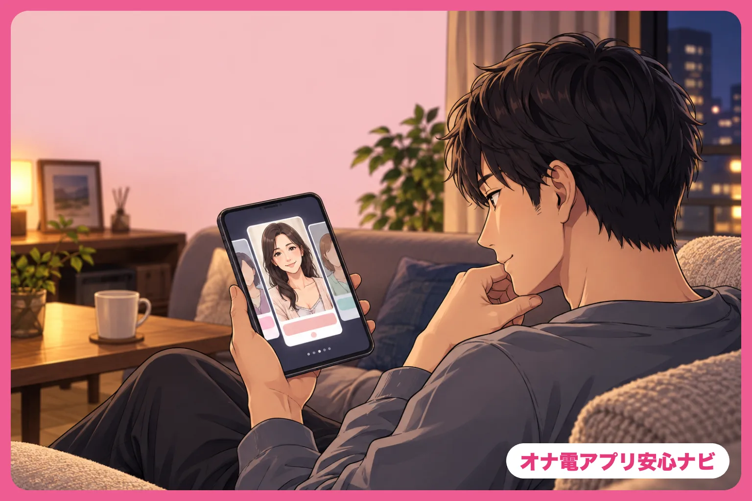 スマホでカードを見比べる男性