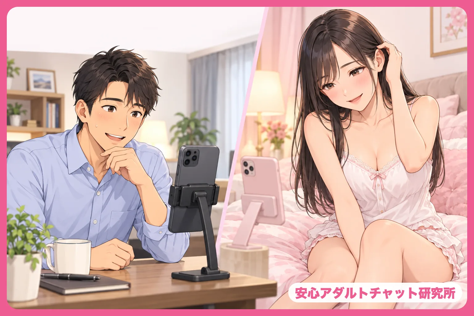 ビデオ通話でつながる男性と清楚な女性のイラスト