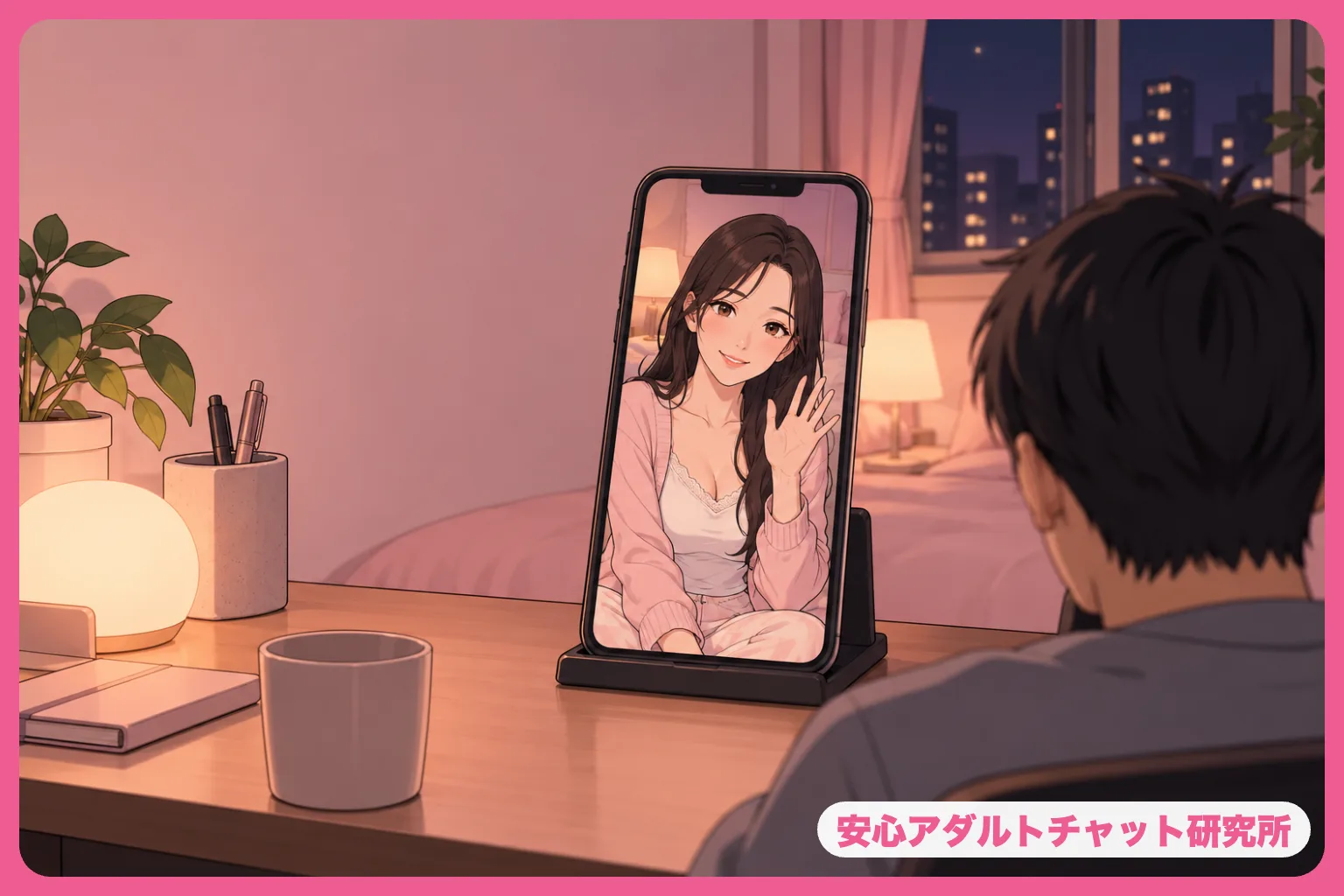 スマホ画面に映る清楚な女性と男性のイラスト