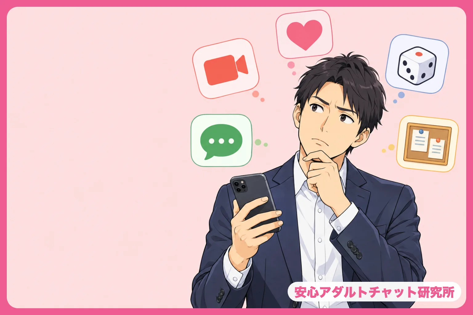 探し方のアイコンを見比べる男性のイラスト