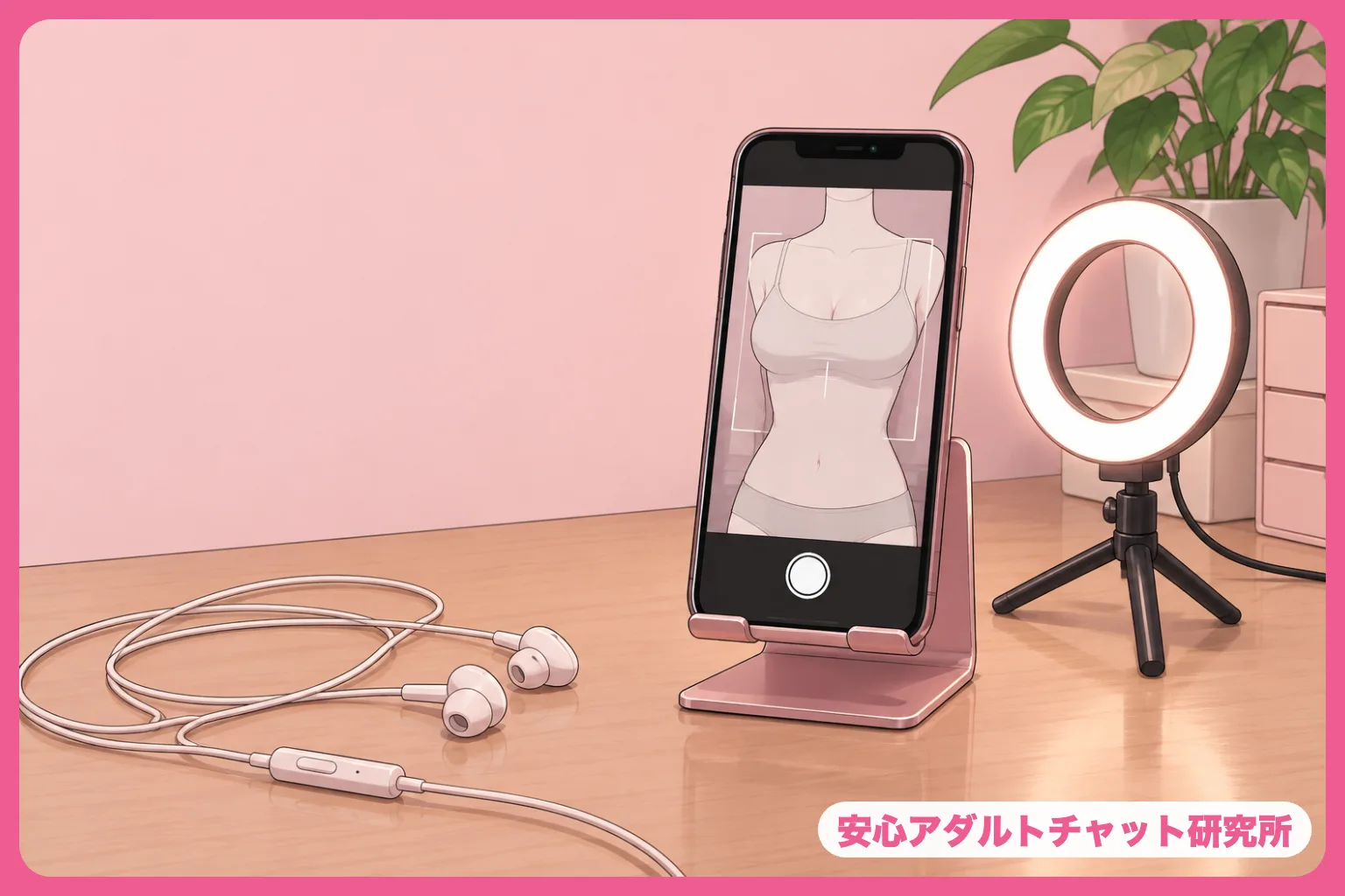 スマホスタンドとライトが並んだデスクのイラスト