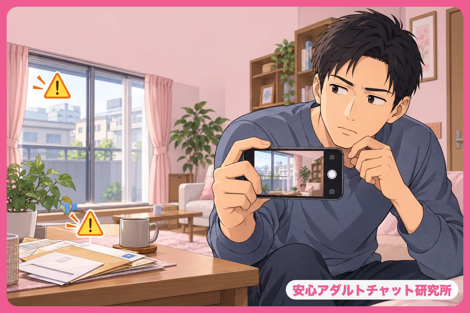 カメラの背景を確認する男性のイラスト