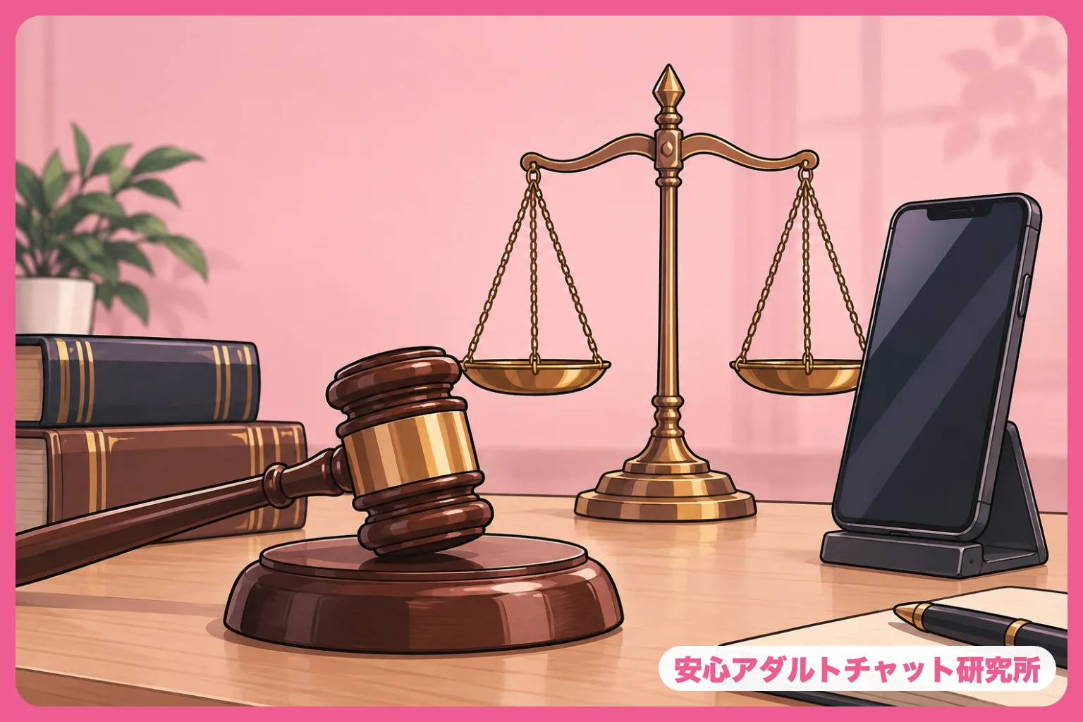 裁判用ガベルと天秤とスマホのイラスト