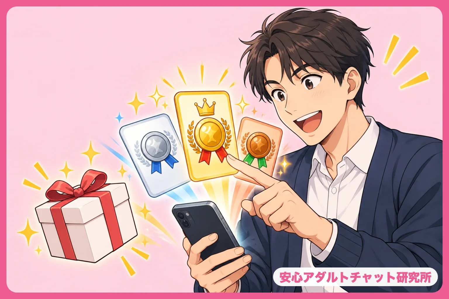 メダル付きのアプリから選ぶ男性のイラスト