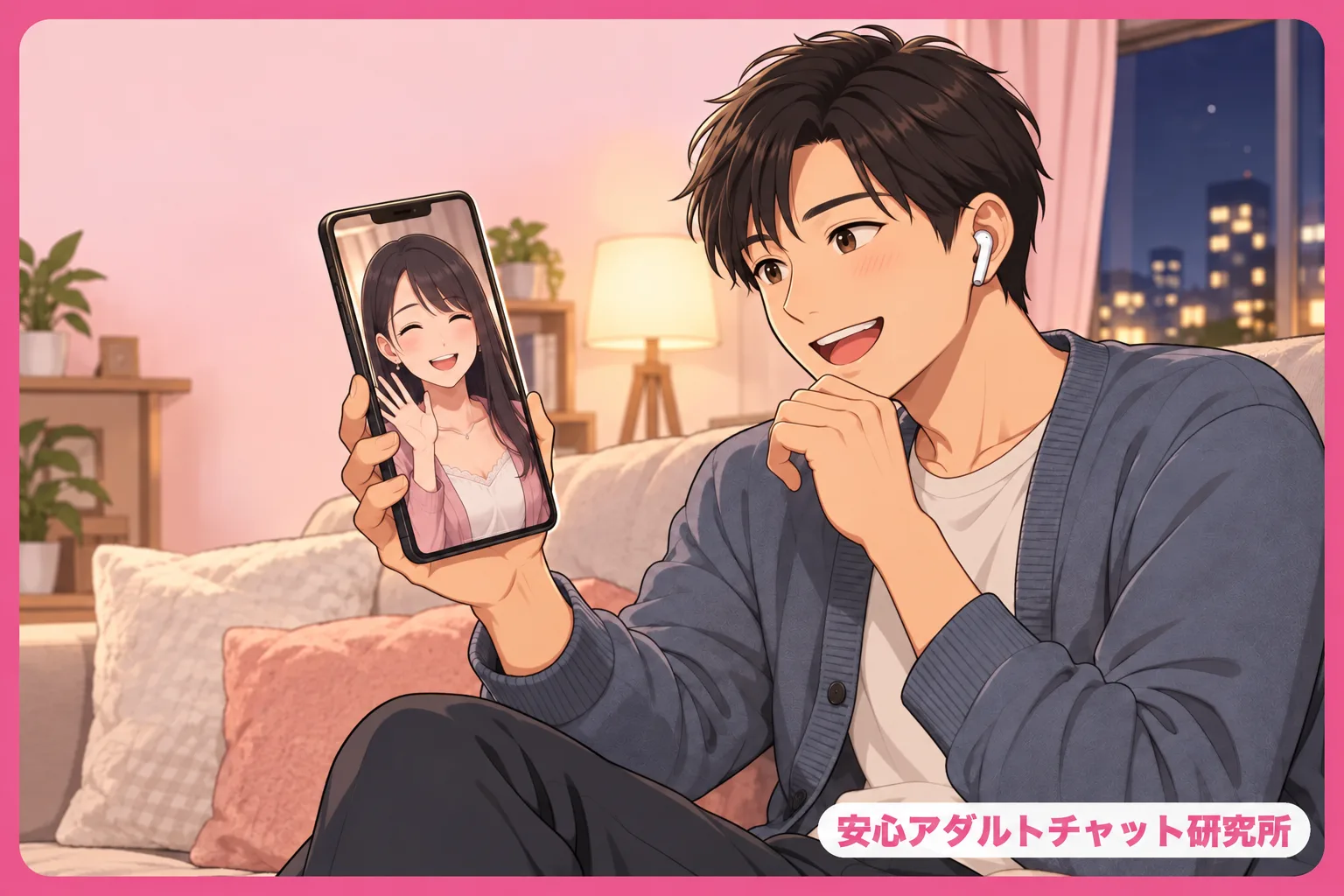 無料ポイントで女性とビデオ通話を楽しむ男性のイラスト