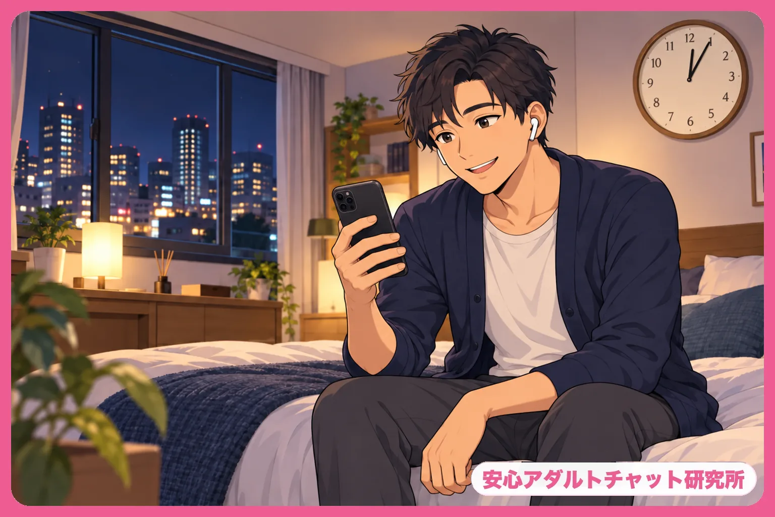 土曜の深夜に通話を楽しむ男性のイラスト