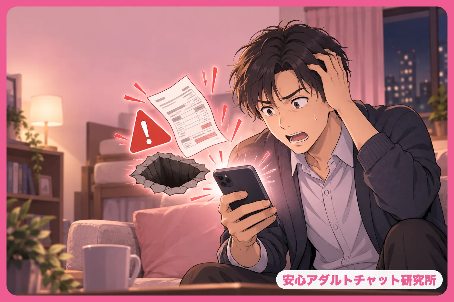 スマホの請求の警告に驚く男性のイラスト