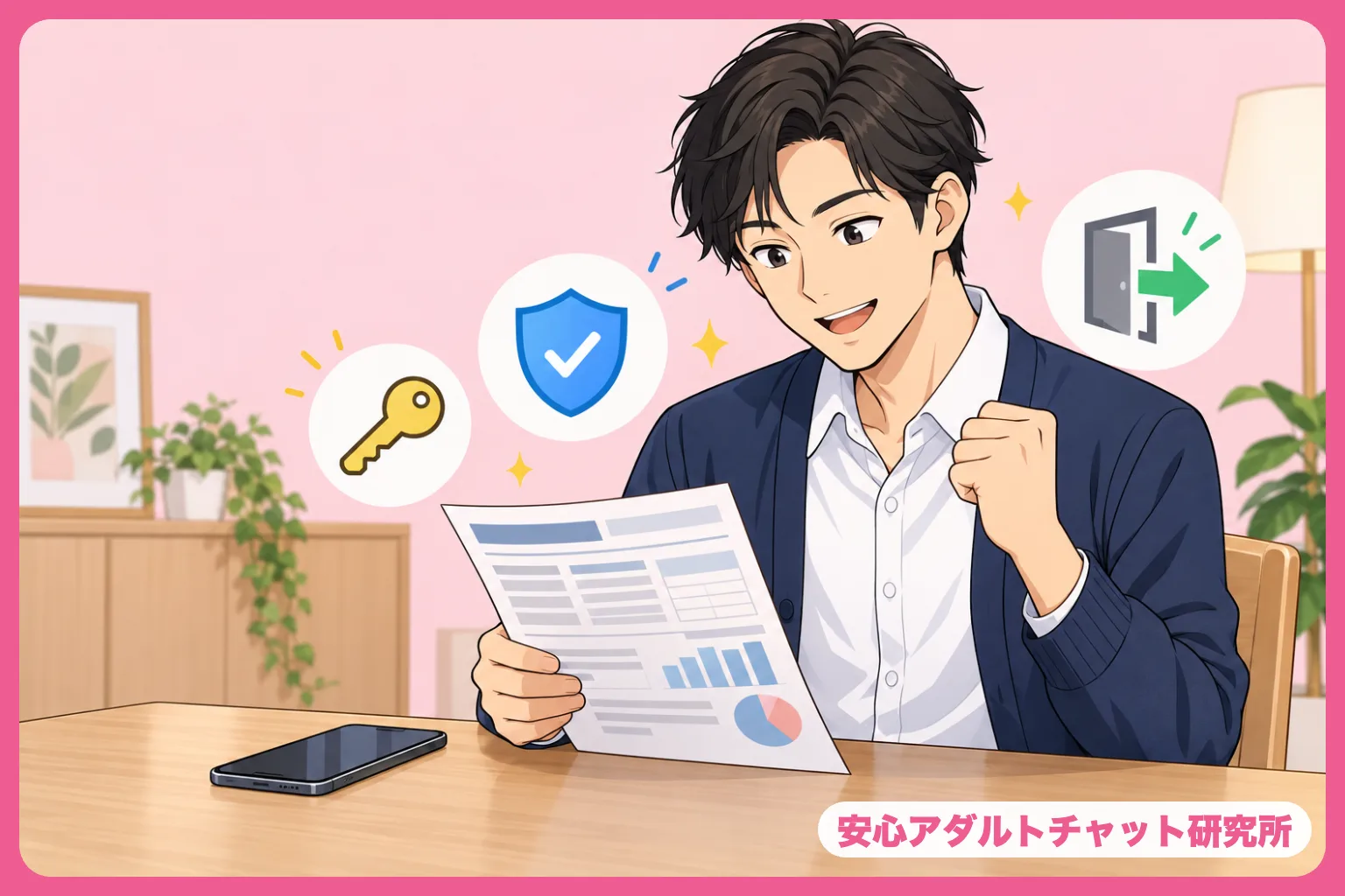 クレジットカードの明細を確認して安心する男性のイラスト