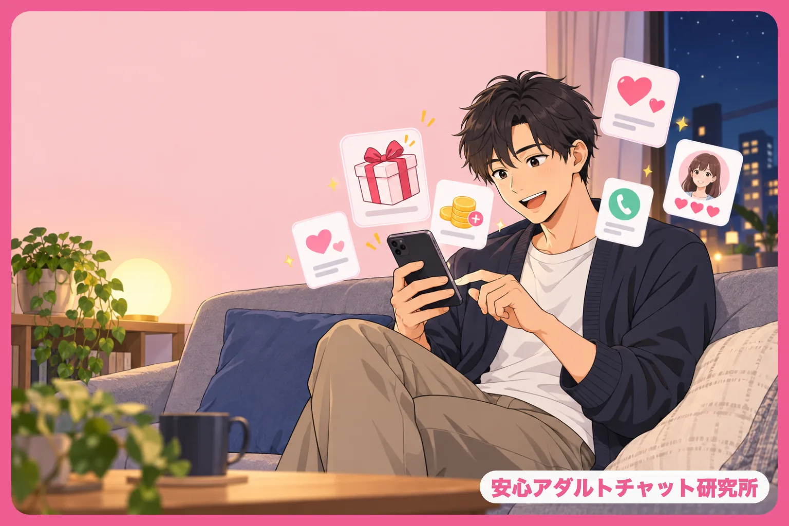 スマホでアプリを選ぶ男性のイラスト