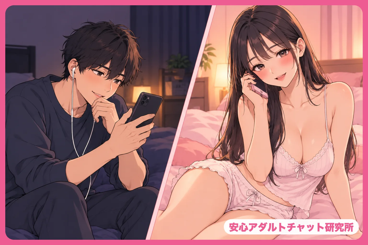 通話でつながる男性と清楚な女性のイラスト