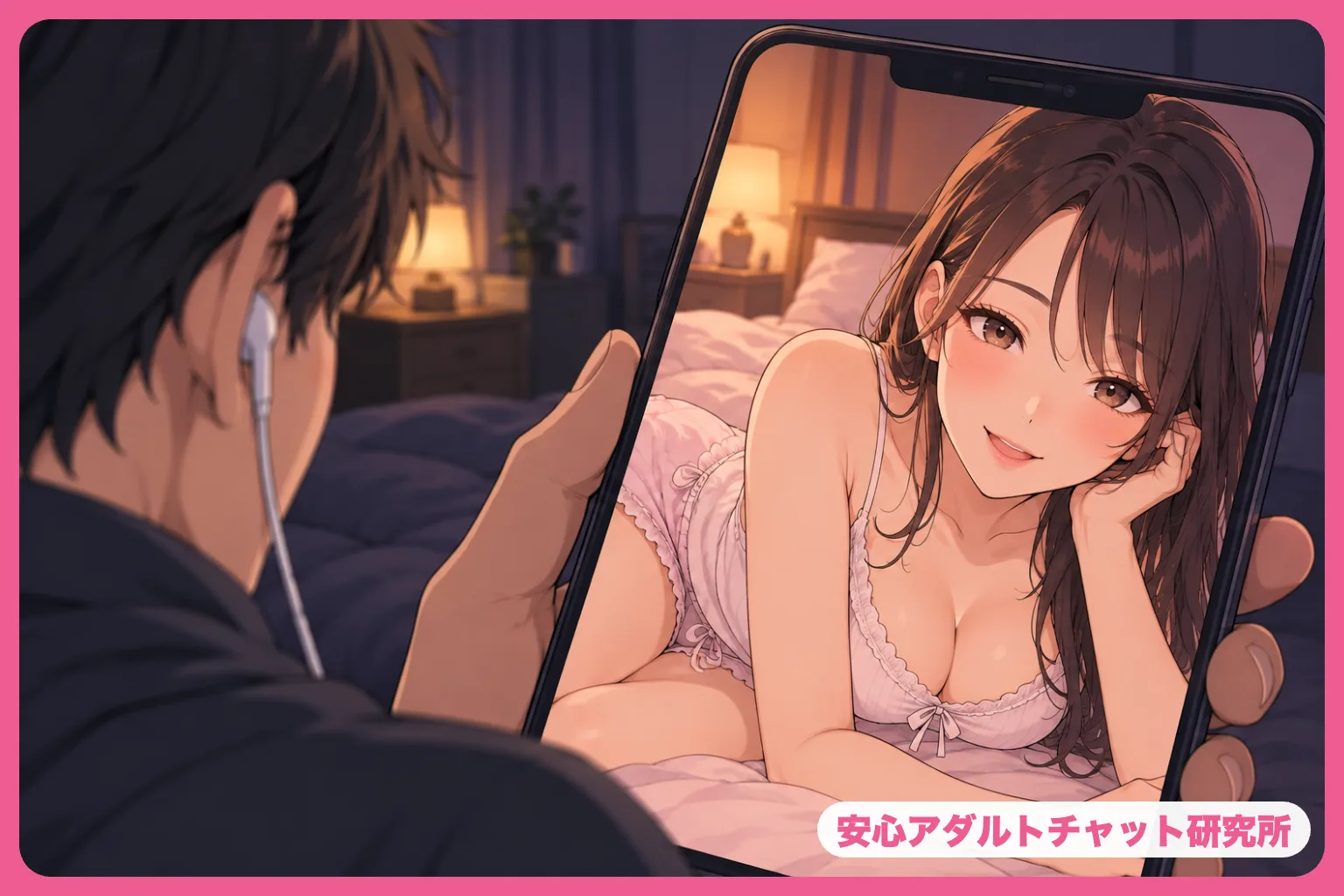 深夜にスマホ画面の清楚な女性を見つめる男性のイラスト