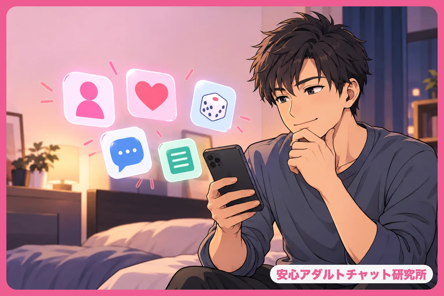 5つの探し方のアイコンを見比べる男性のイラスト