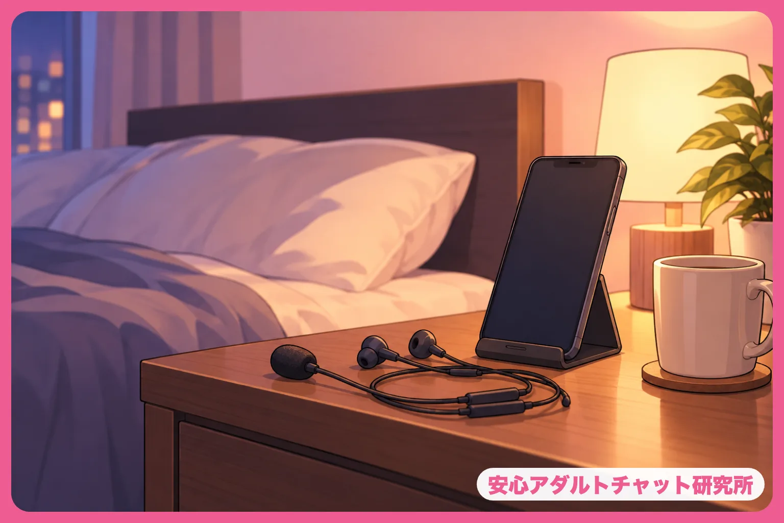イヤホンとスマホスタンドが置かれたベッドサイドのイラスト