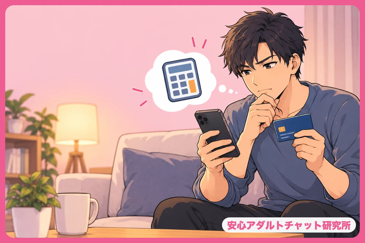 スマホとカードを持って料金を考える男性のイラスト