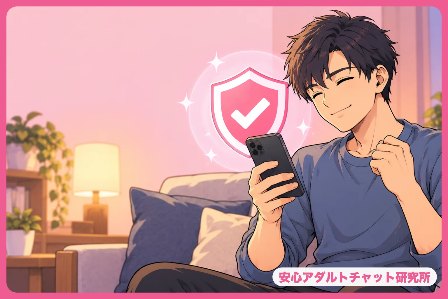 盾のアイコンと安心した表情の男性のイラスト