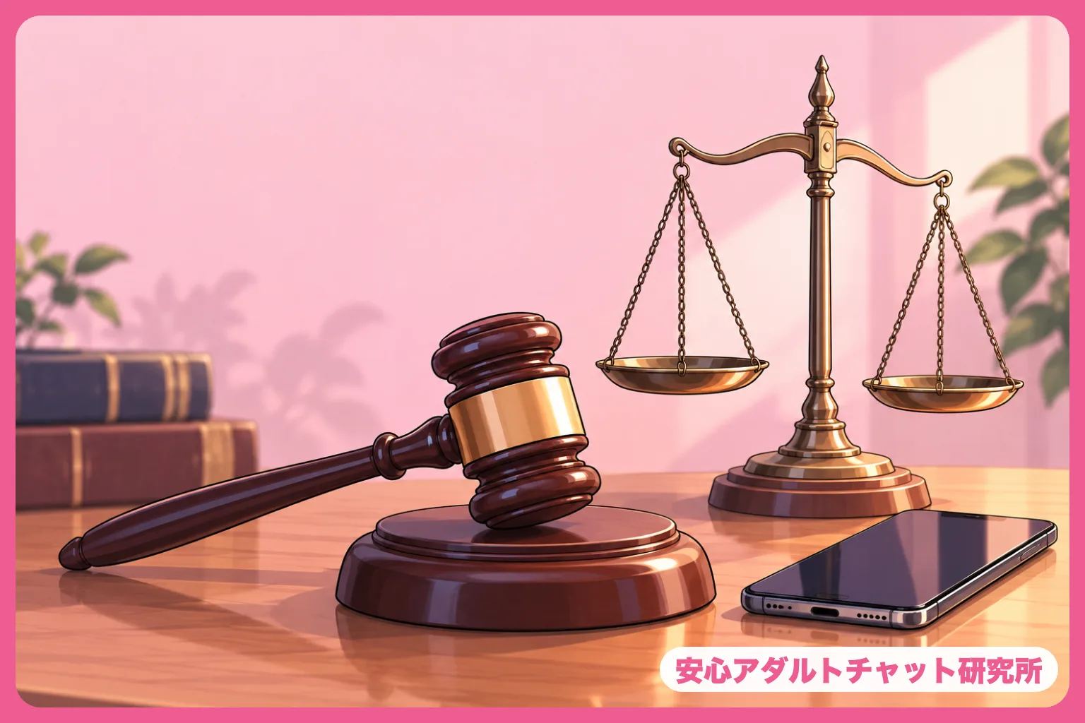 裁判用ガベルと天秤とスマホのイラスト